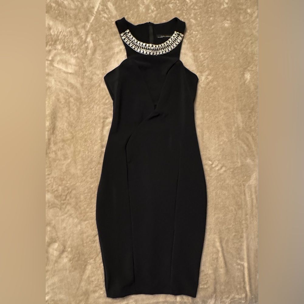 Zara Black Dress With Rhinestone Collar Size Xs